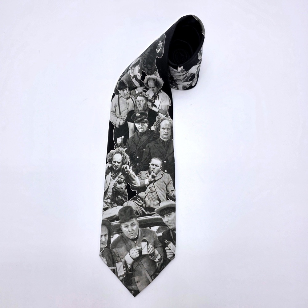 Vintage 1994 Ralph Marlin The Three Stooges Antics Black White Novelty Silk Tie
